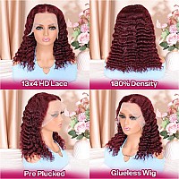 Huiwanyan 99J Burgundy Lace Front Wigs Human Hair 14 Inch 13X4 Hd Deep Wave Lace Front Glueless Wigs Human Hair Pre Plucked Red