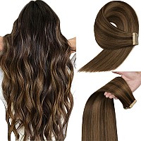 Tape In Hair Extensions Human Hair 14 Inch 20Pcs Human Hair Extensions Tape In For Women Dark Brown Highlighted Chestnut Brown