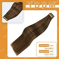 Tape In Hair Extensions Human Hair 14 Inch 20Pcs Human Hair Extensions Tape In For Women Dark Brown Highlighted Chestnut Brown