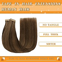 Tape In Hair Extensions Human Hair 14 Inch 20Pcs Human Hair Extensions Tape In For Women Dark Brown Highlighted Chestnut Brown