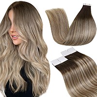 Laavoo Human Hair Tape In Extensions Seamless Tape In Hair Extensions Human Hair Ombre Darker Brown Fading To Ash Brown Mix Ligh