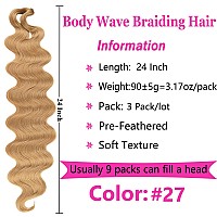 Cookoo 3 Packs Body Wave Braiding Hair 24 Inch Prefeathered Bouncy Crochet Braids Hair French Curl Wavy Crochet Braids Ocean Tw