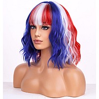 Beron Red White And Blue Wig For Fourth Of July Costume Cosplay Wigs Womens Short Curly Wig With Bangs For Girls Hair Wig