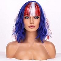 Beron Red White And Blue Wig For Fourth Of July Costume Cosplay Wigs Womens Short Curly Wig With Bangs For Girls Hair Wig