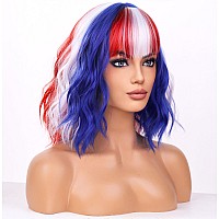 Beron Red White And Blue Wig For Fourth Of July Costume Cosplay Wigs Womens Short Curly Wig With Bangs For Girls Hair Wig