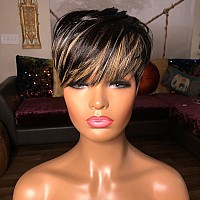 Pangdonglai 10A 1B30 Pixie Cut Wigs For Black Women Short Layered Straight Pixie Wigs Human Hair Wigs None Lace Front Wig With