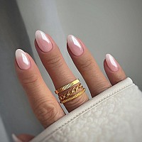 Kqueenest Gradient Pink Press On Nails Short Oval French Acrylic Nails Press Ons Short Almond Nails Glue On Natural Ombre Round