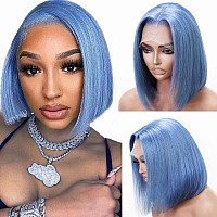 Light Blue Lace Front Bob Wig Human Hair 13X4 Lace Front Wigs Pre Plucked Human Hair Glueless Bob Wigs 12 Inch 180 Density 13X4