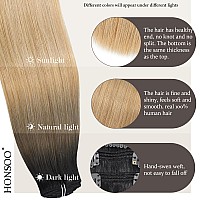 Honsoo Clip In Hair Extensions Dark Brown To Chestnut Brown Fading To Honey Blonde Real Human Hair 120G 16In 7Pcs No Shedding No