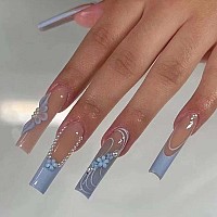 Yoyoee Long Square False Nails 3D Daisy Pearls Nails Tips Gradient Blue Press On Nails French Fake Nails For Women And Girls 24P