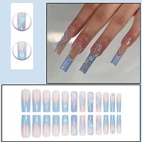 Yoyoee Long Square False Nails 3D Daisy Pearls Nails Tips Gradient Blue Press On Nails French Fake Nails For Women And Girls 24P