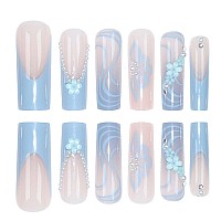 Yoyoee Long Square False Nails 3D Daisy Pearls Nails Tips Gradient Blue Press On Nails French Fake Nails For Women And Girls 24P