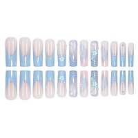 Yoyoee Long Square False Nails 3D Daisy Pearls Nails Tips Gradient Blue Press On Nails French Fake Nails For Women And Girls 24P