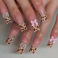 Yoyoee Long Square False Nails Leopard Nails Tips French Press On Nails Full Cover 3D Bow Tie Fake Nails For Women And Girls 24P