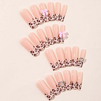 Yoyoee Long Square False Nails Leopard Nails Tips French Press On Nails Full Cover 3D Bow Tie Fake Nails For Women And Girls 24P