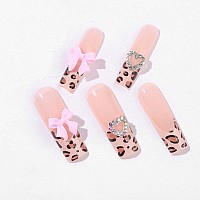 Yoyoee Long Square False Nails Leopard Nails Tips French Press On Nails Full Cover 3D Bow Tie Fake Nails For Women And Girls 24P