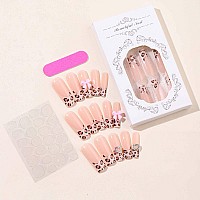 Yoyoee Long Square False Nails Leopard Nails Tips French Press On Nails Full Cover 3D Bow Tie Fake Nails For Women And Girls 24P