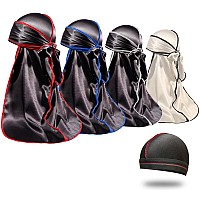 4Pcs Silky Durags For Men Women 360 Waves With 1 Wave Cap Silky Satin Durag Extra Long Tails