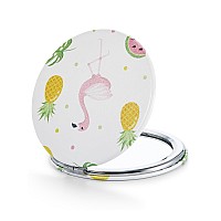 Omiro 1X10X300R Compact Magnifying Mirror Unique Painting Pocket Mirror With Classical Pu Leather Roundflamingo And Tropic