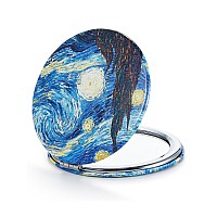 Omiro 1X10X300R Compact Magnifying Mirror Unique Painting Pocket Mirror With Classical Pu Leather Roundstarry Night