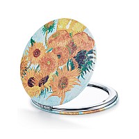 Omiro 1X10X300R Compact Magnifying Mirror Unique Painting Pocket Mirror With Classical Pu Leather Roundsunflowers