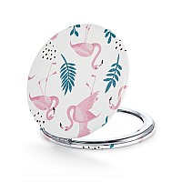 Omiro 1X10X300R Compact Magnifying Mirror Unique Painting Pocket Mirror With Classical Pu Leather Roundpink Flamingos