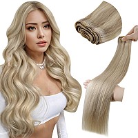 Laavoo Sew In Hair Extensions Real Human Hair Golden Blonde Highlights Light Blonde Human Hair Weft Extensions 20 Inch Hand Tied