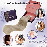 Laavoo Sew In Hair Extensions Real Human Hair Golden Blonde Highlights Light Blonde Human Hair Weft Extensions 20 Inch Hand Tied