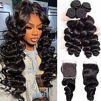 Luduna Brazilian Loose Wave Bundles With Closure 100 Unprocessed Virgin Hair Human Hair 3 Bundles With 4X4 Transparent Swiss Fr