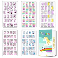 Allstarry 120Pcs 5 Pack Children Nails Press On Preglue Full Cover Butterfly Stripe Gradient Short False Nail Kits Lovely Gift