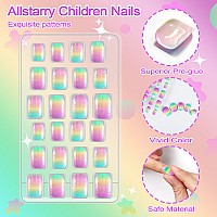 Allstarry 120Pcs 5 Pack Children Nails Press On Preglue Full Cover Butterfly Stripe Gradient Short False Nail Kits Lovely Gift