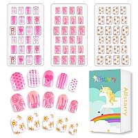 Allstarry 72Pcs 3 Pack Children Nails Press On Preglue Full Cover Bear Sunflower Doughnut Short False Nail Kits Lovely Gift For