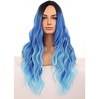 Beron Womens Blue Wigs Long Wavy Hair Wig For Girls Ombre Colored Curly Heat Resistant Synthetic Hair Wigs For Cosplay Party Da