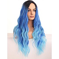 Beron Womens Blue Wigs Long Wavy Hair Wig For Girls Ombre Colored Curly Heat Resistant Synthetic Hair Wigs For Cosplay Party Da