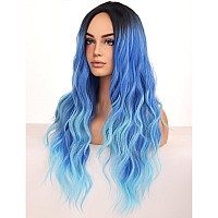 Beron Womens Blue Wigs Long Wavy Hair Wig For Girls Ombre Colored Curly Heat Resistant Synthetic Hair Wigs For Cosplay Party Da