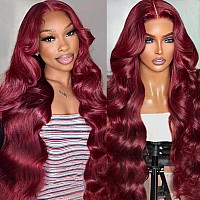 Sweetie 99J Burgundy 13X4 Lace Front Wigs Human Hair 180 Density 32 Inch Body Wave Lace Front Wigs Human Hair Glueless Wigs Hum