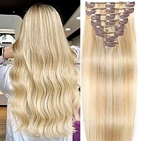 Straight Clip In Hair Extensions Real Human Hair 8Pcs Clip In Dark Blonde Highlighted Bleach Blonde 100 Human Hair Extensions 8