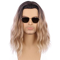 Pattnium Mens Ombre Blonde Wig Long Curly Wavy Middle Length Hair Wig Golden Blonde Halloween Cosplay Costume Party Wigs