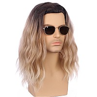 Pattnium Mens Ombre Blonde Wig Long Curly Wavy Middle Length Hair Wig Golden Blonde Halloween Cosplay Costume Party Wigs