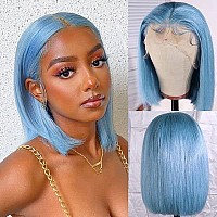 16Inch 13X4 Lace Front Bob Wig Light Blue Human Hair 180 Density Brazilian Hair Pre Plucked With Baby Hair Hd Transparent Lace