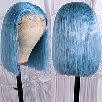 16Inch 13X4 Lace Front Bob Wig Light Blue Human Hair 180 Density Brazilian Hair Pre Plucked With Baby Hair Hd Transparent Lace