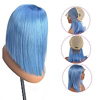 16Inch 13X4 Lace Front Bob Wig Light Blue Human Hair 180 Density Brazilian Hair Pre Plucked With Baby Hair Hd Transparent Lace