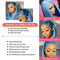 16Inch 13X4 Lace Front Bob Wig Light Blue Human Hair 180 Density Brazilian Hair Pre Plucked With Baby Hair Hd Transparent Lace