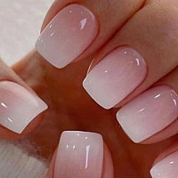 Maigitur White Ombre Press On Nails Short Square Fake Nails With Design Pink Gradient Glue On Nails Glossy Acrylic Artificial Na