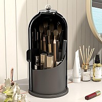 Emljkvp Makeup Brush Holder With Dustproof Cover 360 Rotating Makeup Brush Organizer For Vanity Bathroom All Black