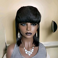 Pangdonglai Short Straight Bob Wigs Mullet Straight Human Hair Wigs With Bangs For Black Women 10A 10Inch Hair Pixie Cut Wigs Fo