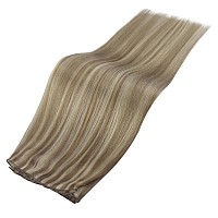 Full Shine Genius Weft Human Hair Extensions Hand Tied Weft Hair Extensions For Women Color Light Brown Highlight Platinum Blond