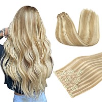 Doores Human Hair Extensions Seamless Clip In Dark Blonde Highlighted Bleach Blonde 24 Inch 160G 7Pcs Invisi Edge Hair Extensi