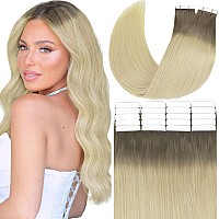 Anrosa Tape In Hair Extensions Real Remy 16Inch Ash Brown To Blonde Fashion Color Tape In Hair Extensions Natural Hair Double Si