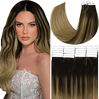 Anrosa Tape In Hair Extensions Human Hair 16 Inch Balayage 212 Darkest Brown Fading To Light Golden Brown Color Pretaped Real